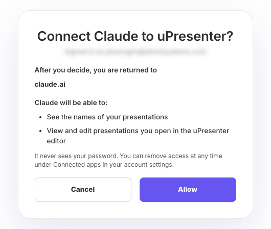 The Connect Claude to uPresenter? page with the Allow button