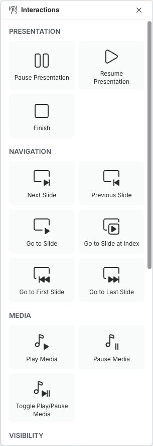 Presentation, navigation, and media actions in the Interactions pane