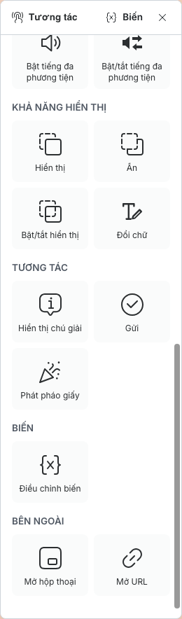 Các hành động phương tiện, hiển thị, tương tác và liên kết bên ngoài trong ngăn Tương tác