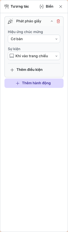 Hành động Phát pháo giấy được cấu hình để chạy Khi vào trang chiếu