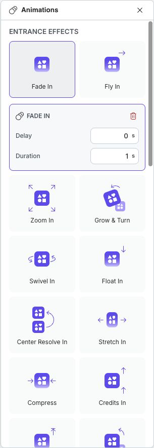Fade In selected with Delay and Duration controls