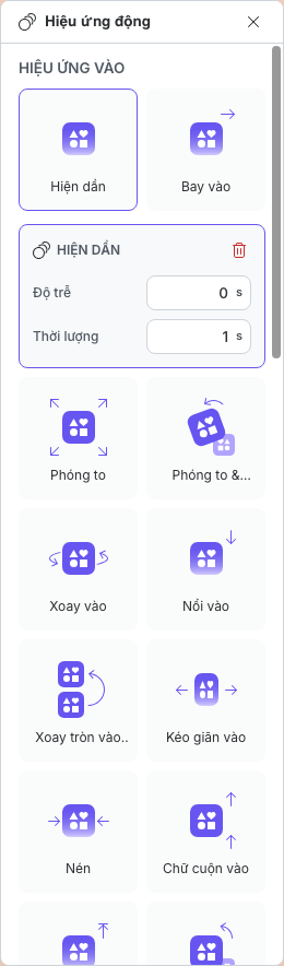 Hiện dần được chọn với các điều khiển Độ trễ và Thời lượng
