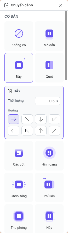 Đẩy được chọn với Thời lượng, các điều khiển hướng và các lựa chọn hiệu ứng chuyển trang xung quanh