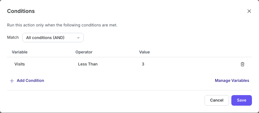A condition that allows the action only while Visits is less than 3