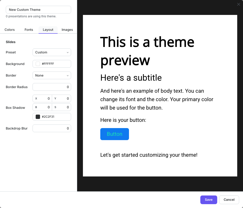 Slide-surface styles in the theme editor
