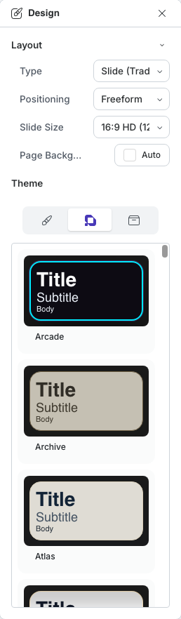 Standard themes in the Design pane