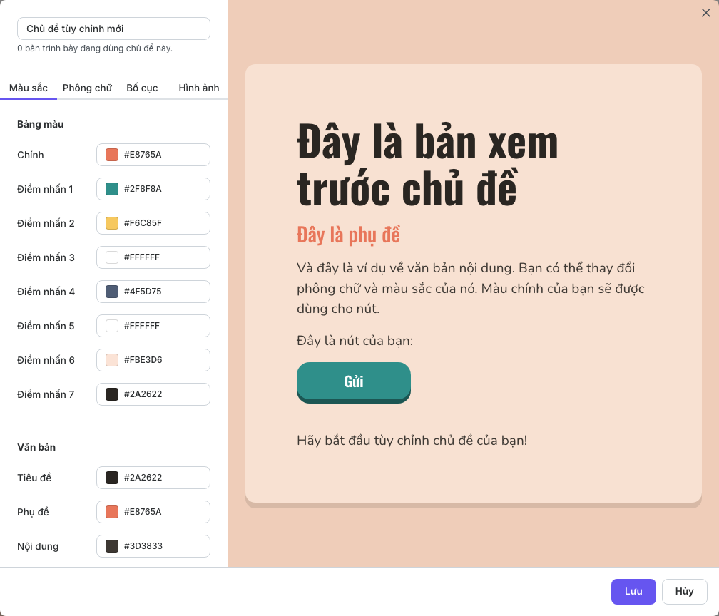 Màu sắc trong trình chỉnh sửa chủ đề tùy chỉnh