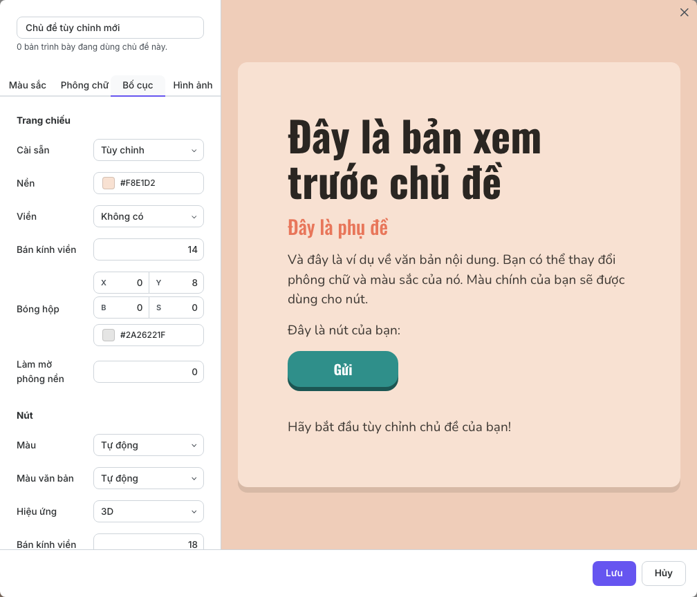 Kiểu bề mặt trang chiếu trong trình chỉnh sửa chủ đề