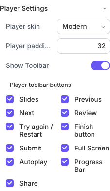 Player settings and toolbar controls