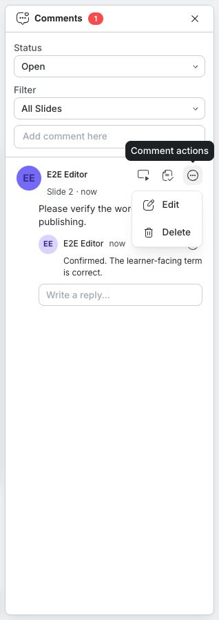 An open comment thread with a reply and its actions