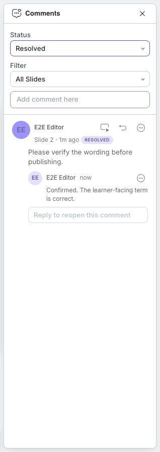 A resolved thread in the Resolved filter