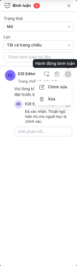 Một chuỗi bình luận đang mở có phản hồi và các thao tác