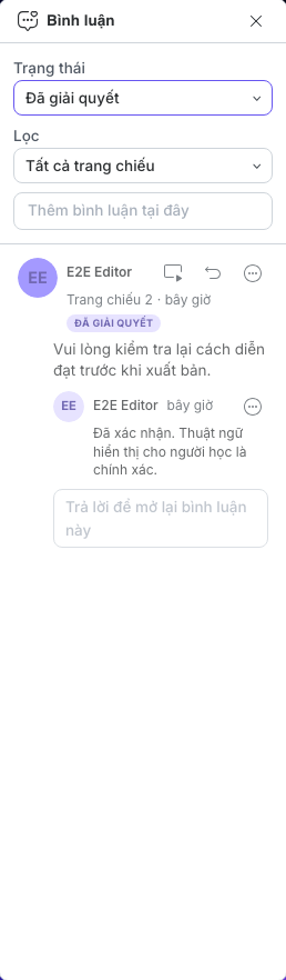 Một chuỗi bình luận đã giải quyết trong bộ lọc Đã giải quyết
