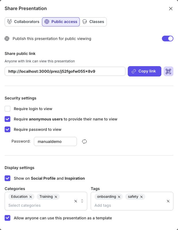 Published presentation access and discovery settings