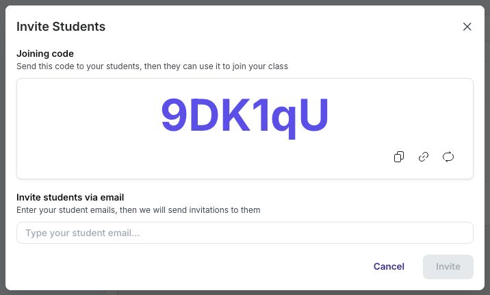 Invite Students dialog with joining code and email controls