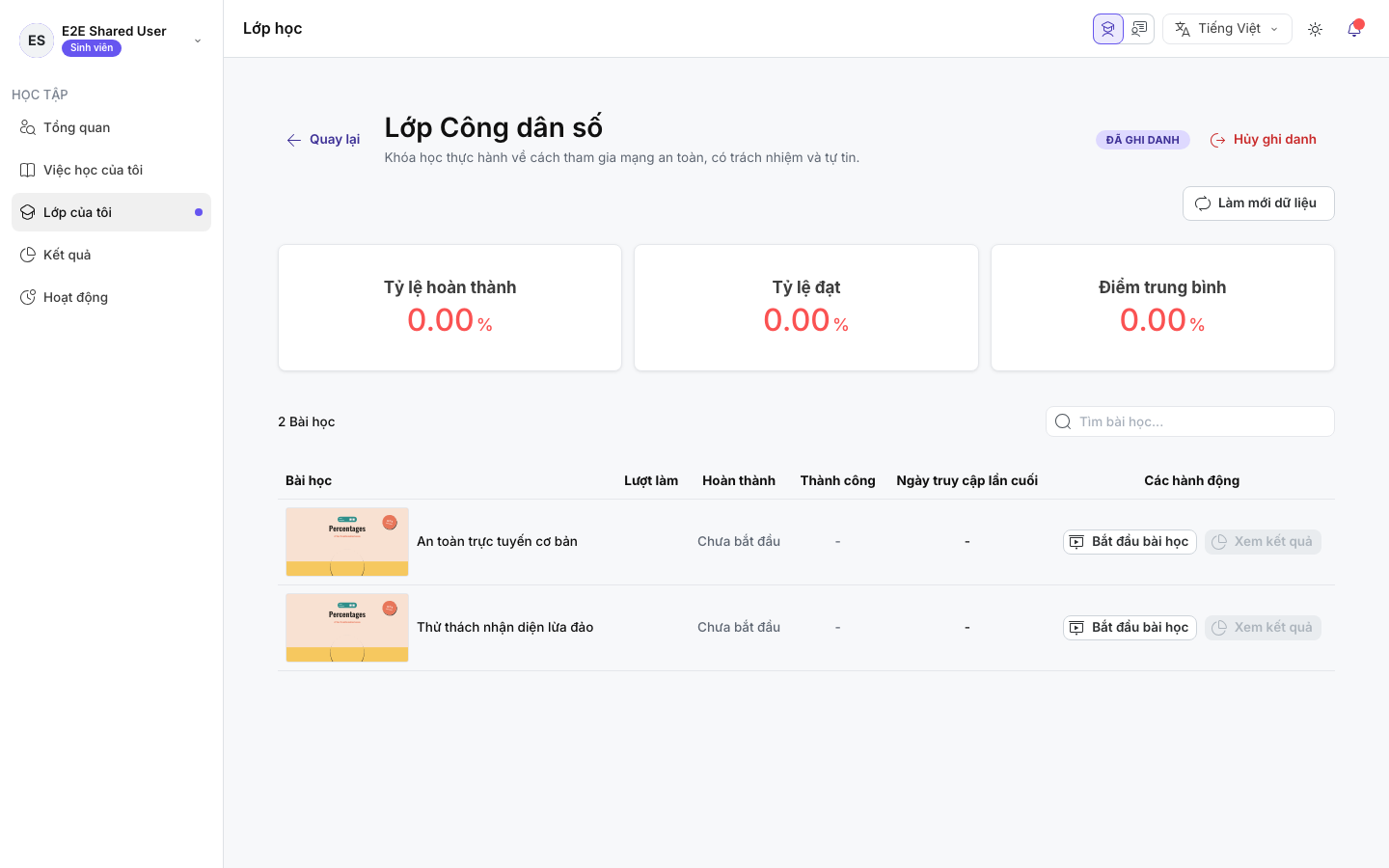 Chi tiết lớp học đã ghi danh trong Góc nhìn của học sinh