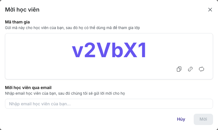 Hộp thoại Mời học viên với mã tham gia và ô nhập email