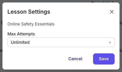 Lesson Settings dialog with Max Attempts