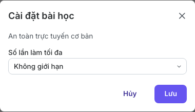 Hộp thoại Cài đặt bài học với Số lần làm tối đa
