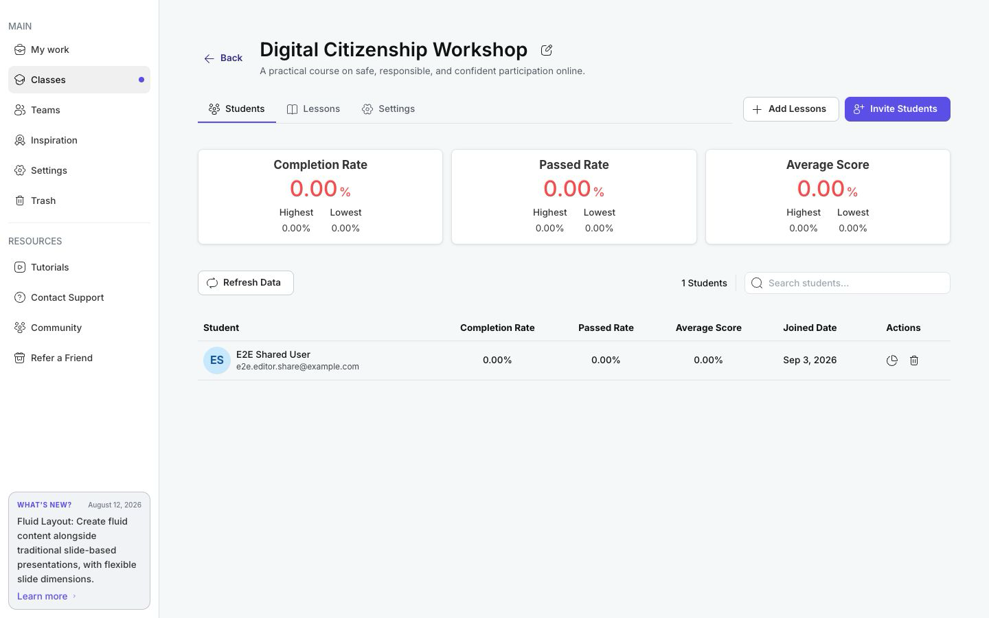 Students tab with class summary metrics and an enrolled learner