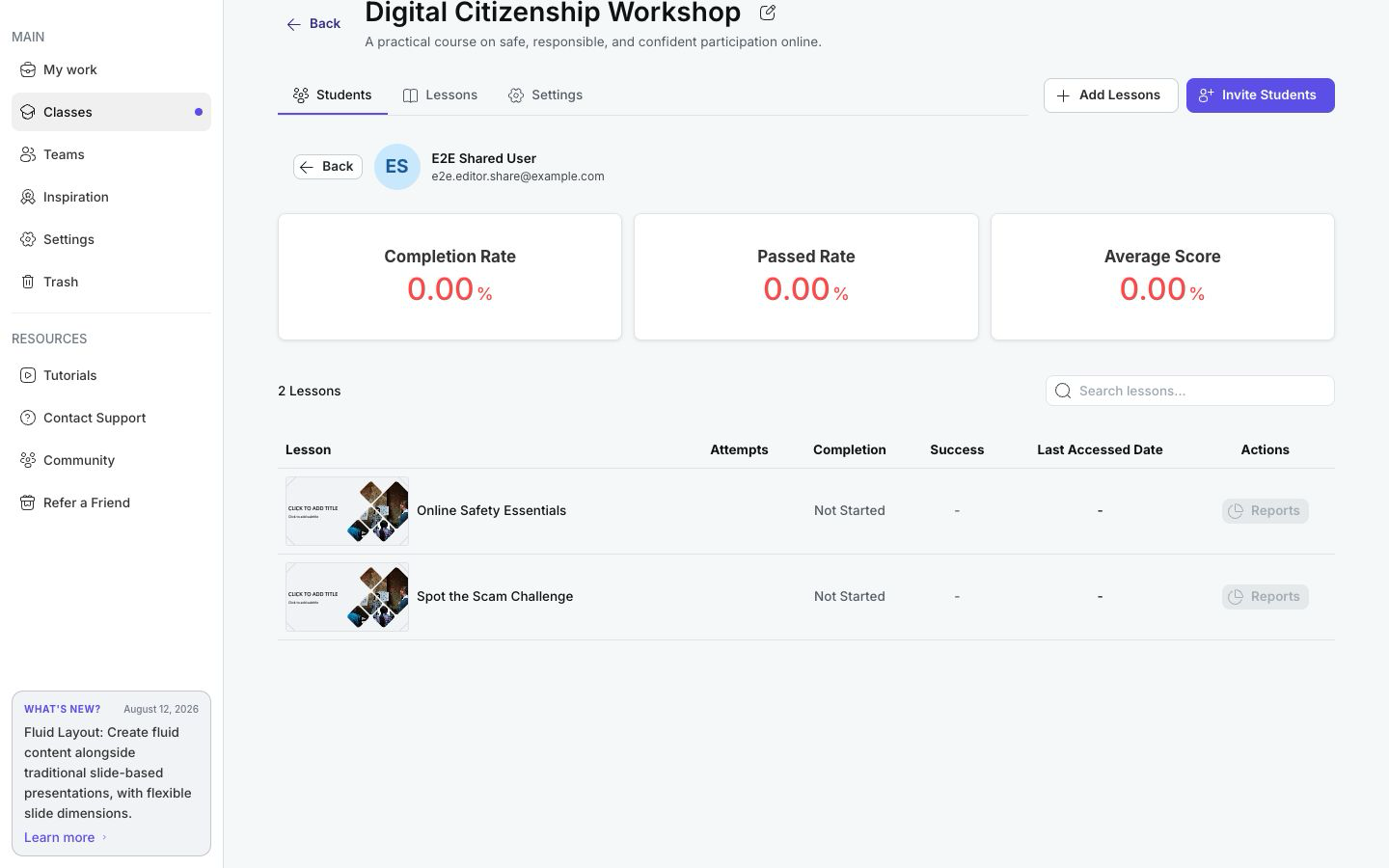 Learner report with class metrics and lesson-level progress
