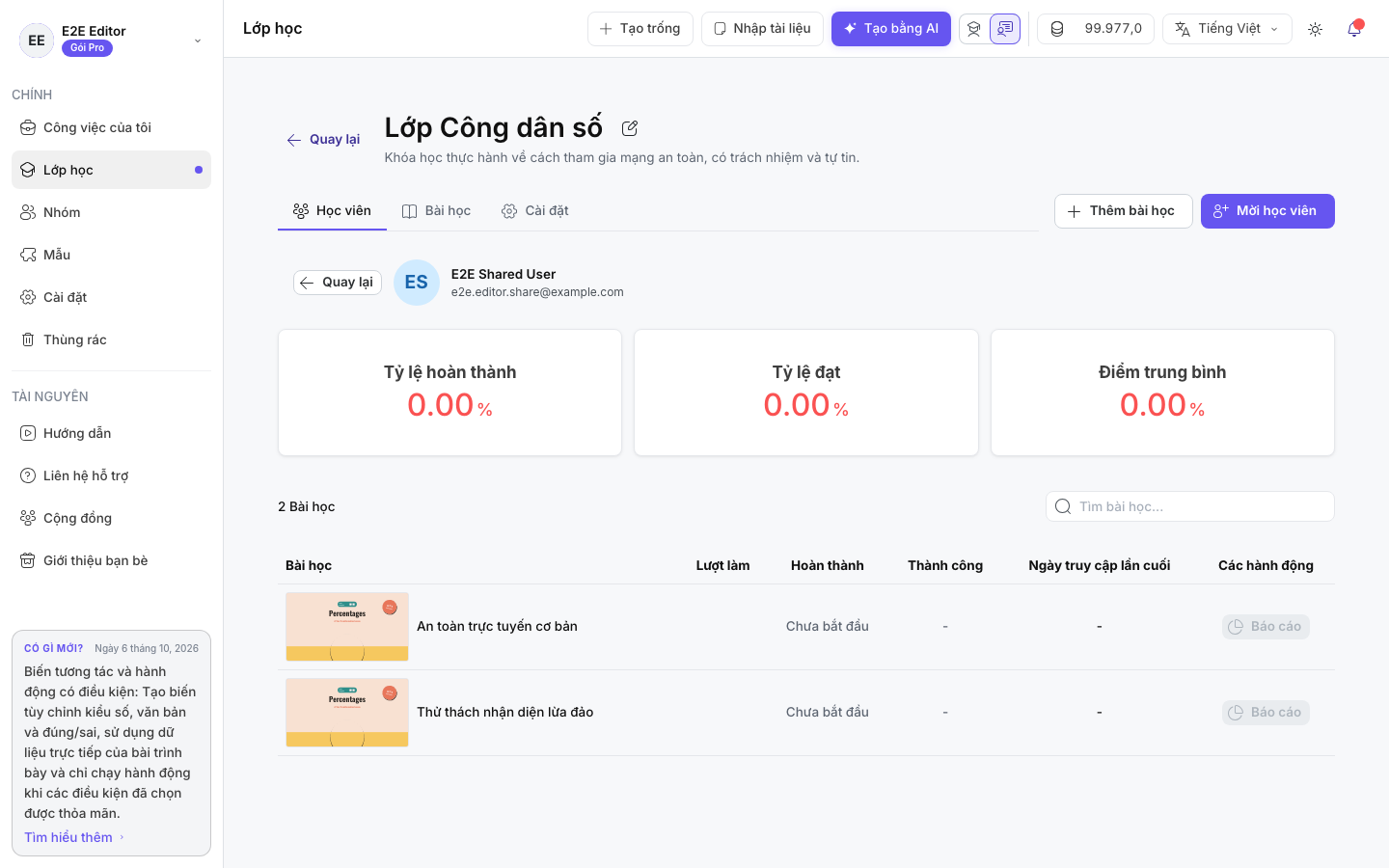 Báo cáo người học với các chỉ số của lớp và tiến độ theo từng bài học