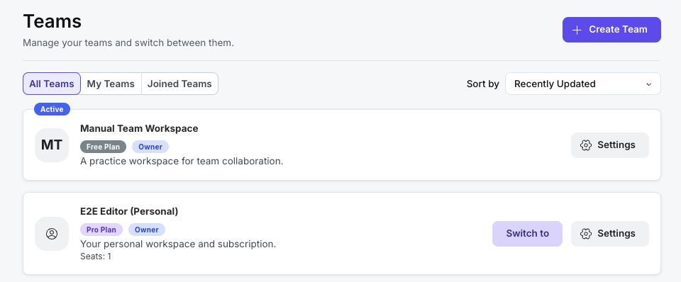 Teams page with an active team and personal workspace