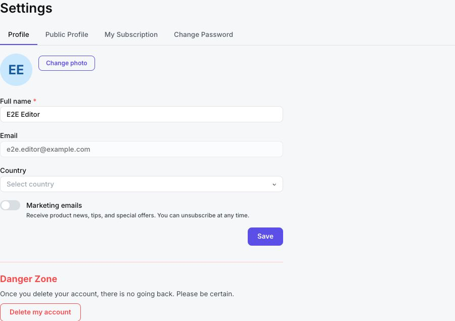 Profile settings and Danger Zone