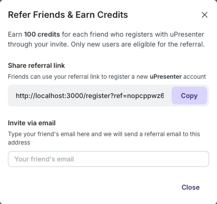 Refer Friends and Earn Credits dialog