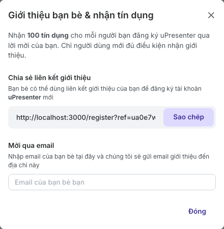 Hộp thoại giới thiệu bạn bè và nhận tín dụng