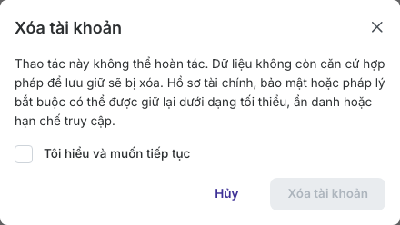 Xác nhận xóa tài khoản không thể hoàn tác