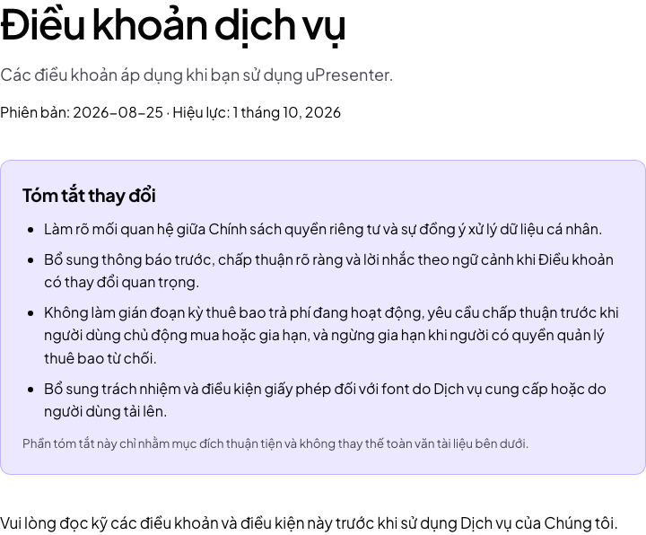 Phần đầu trang Điều khoản dịch vụ hiện hành