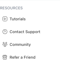 Resources section with support links