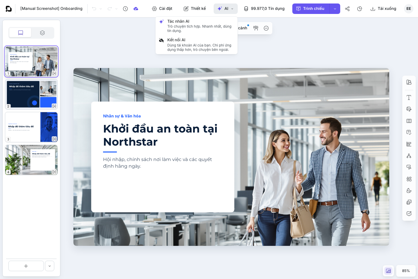 Menu AI trong trình soạn thảo