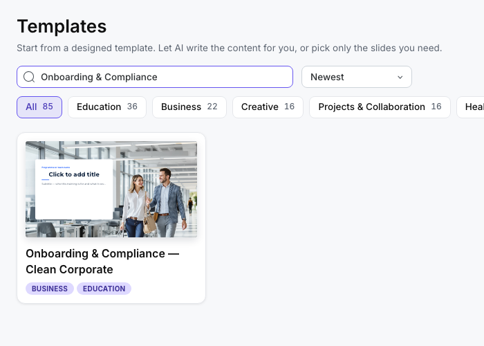 The template gallery filtered to Onboarding & Compliance — Clean Corporate