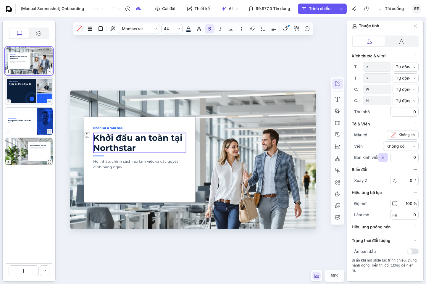 Một đối tượng văn bản đang được chọn, hiện thanh công cụ và ngăn Thuộc tính