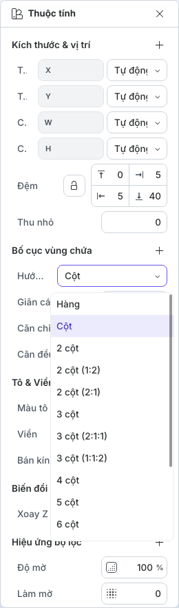 Các hướng bố cục nhóm có sẵn