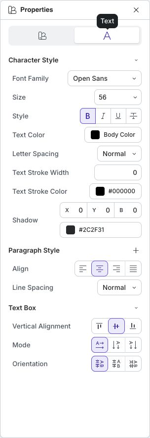 Character, paragraph, and text-box properties