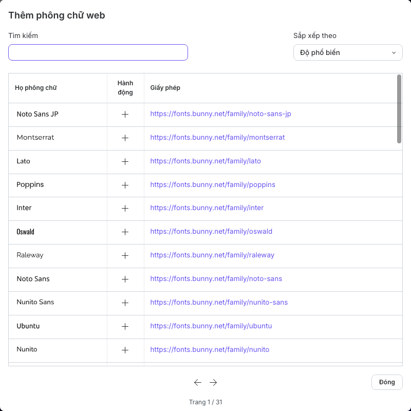 Hộp thoại Thêm phông chữ web