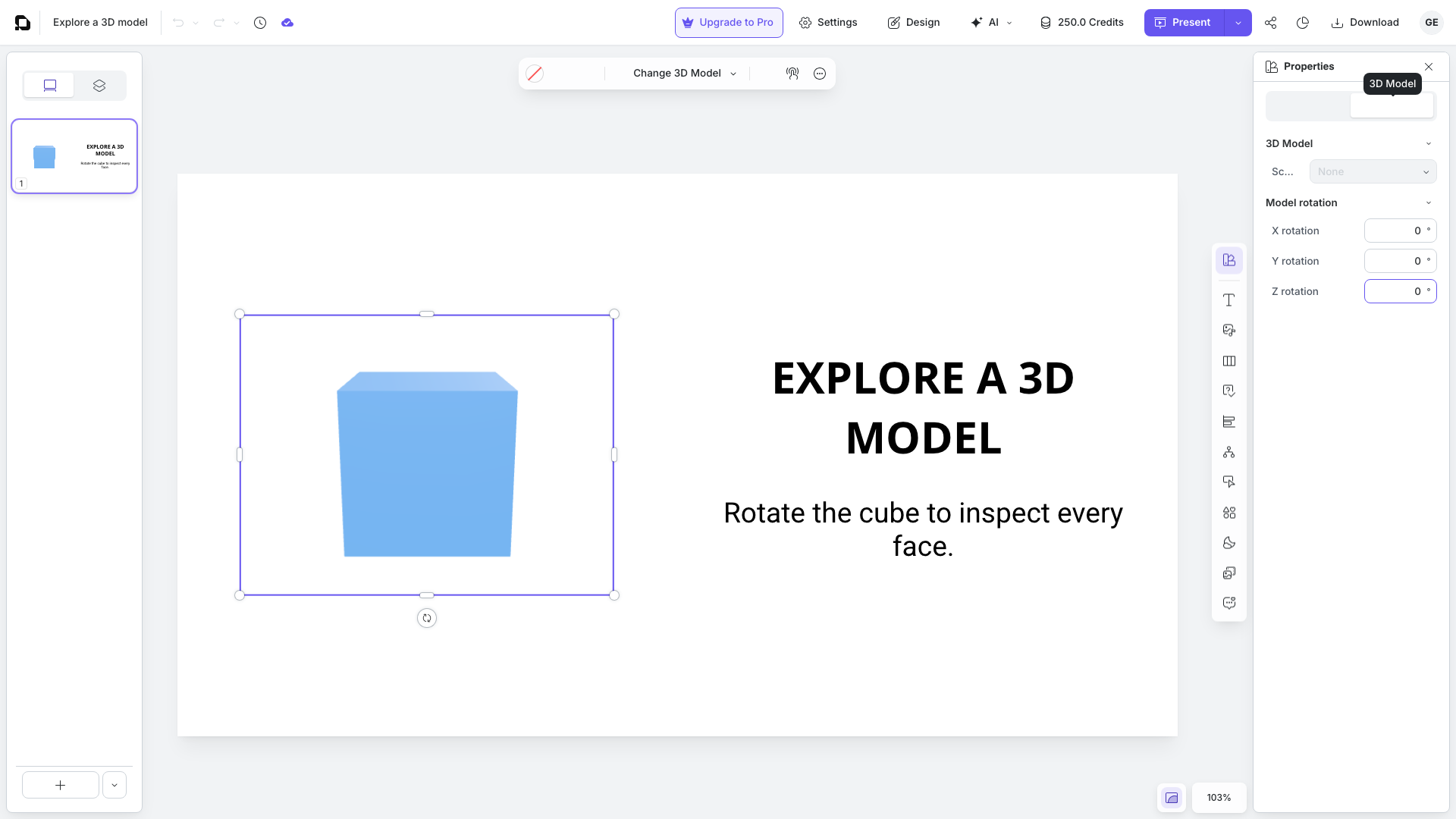 The 3D Model properties with Scene and rotation controls