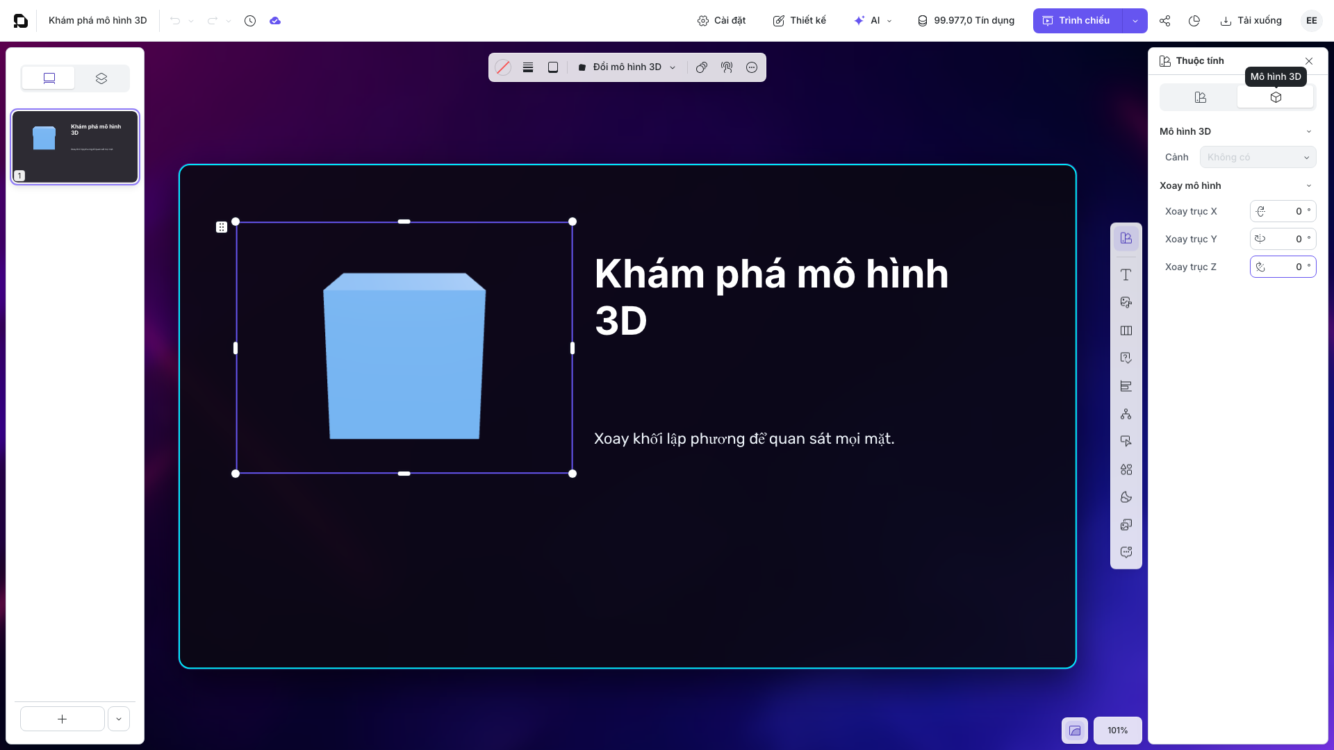 Thuộc tính Mô hình 3D với Cảnh và các điều khiển xoay