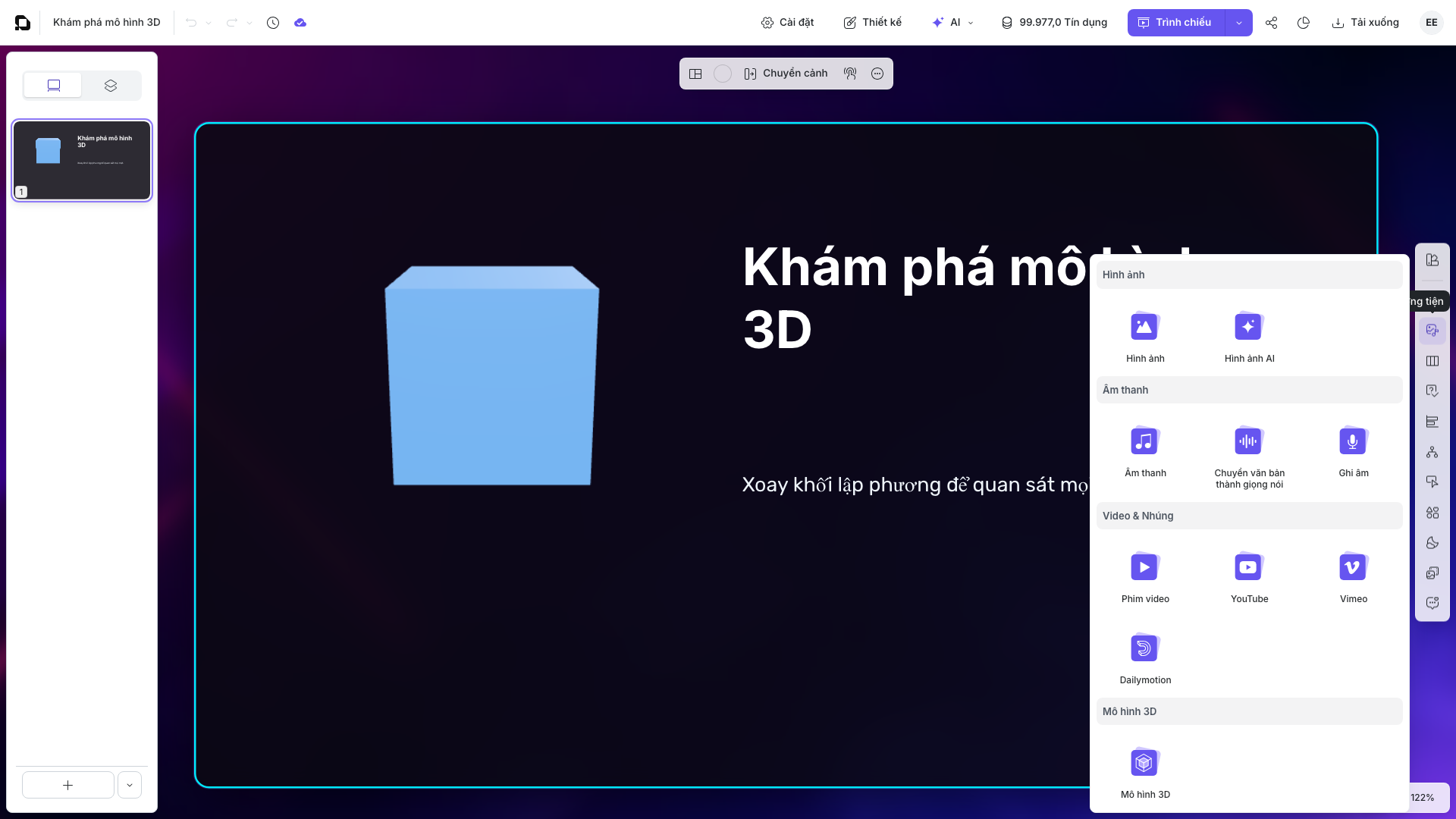 Menu Phương tiện với lệnh Mô hình 3D