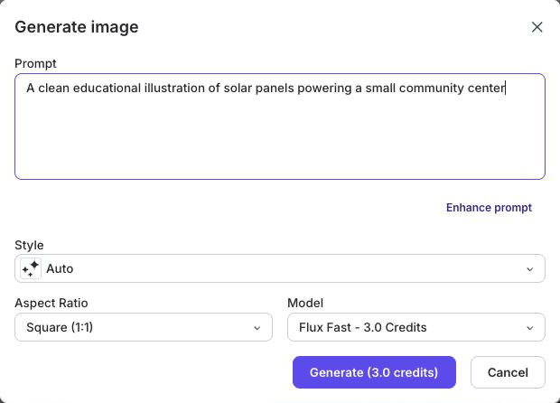 The Generate image dialog with a sample learning illustration prompt