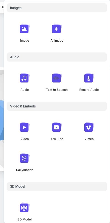 The current Media menu with image, audio, video, embed, and 3D model choices
