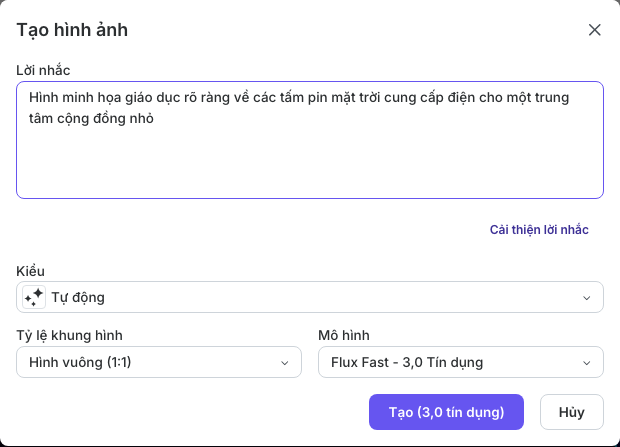 Hộp thoại Tạo hình ảnh với một câu lệnh mẫu tạo hình minh họa học tập