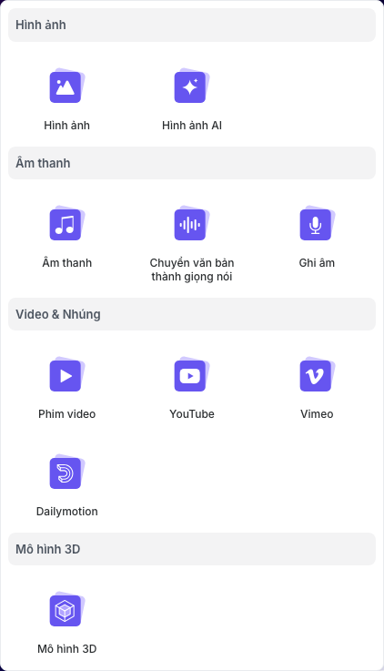 Menu Phương tiện hiện tại với các lựa chọn hình ảnh, âm thanh, video, nhúng và mô hình 3D