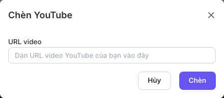 Hộp thoại Chèn YouTube đang chờ URL video