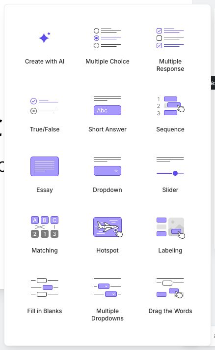 The Questions gallery with the current question types