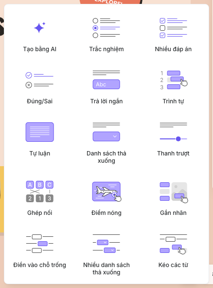 Thư viện Câu hỏi với các loại câu hỏi hiện có