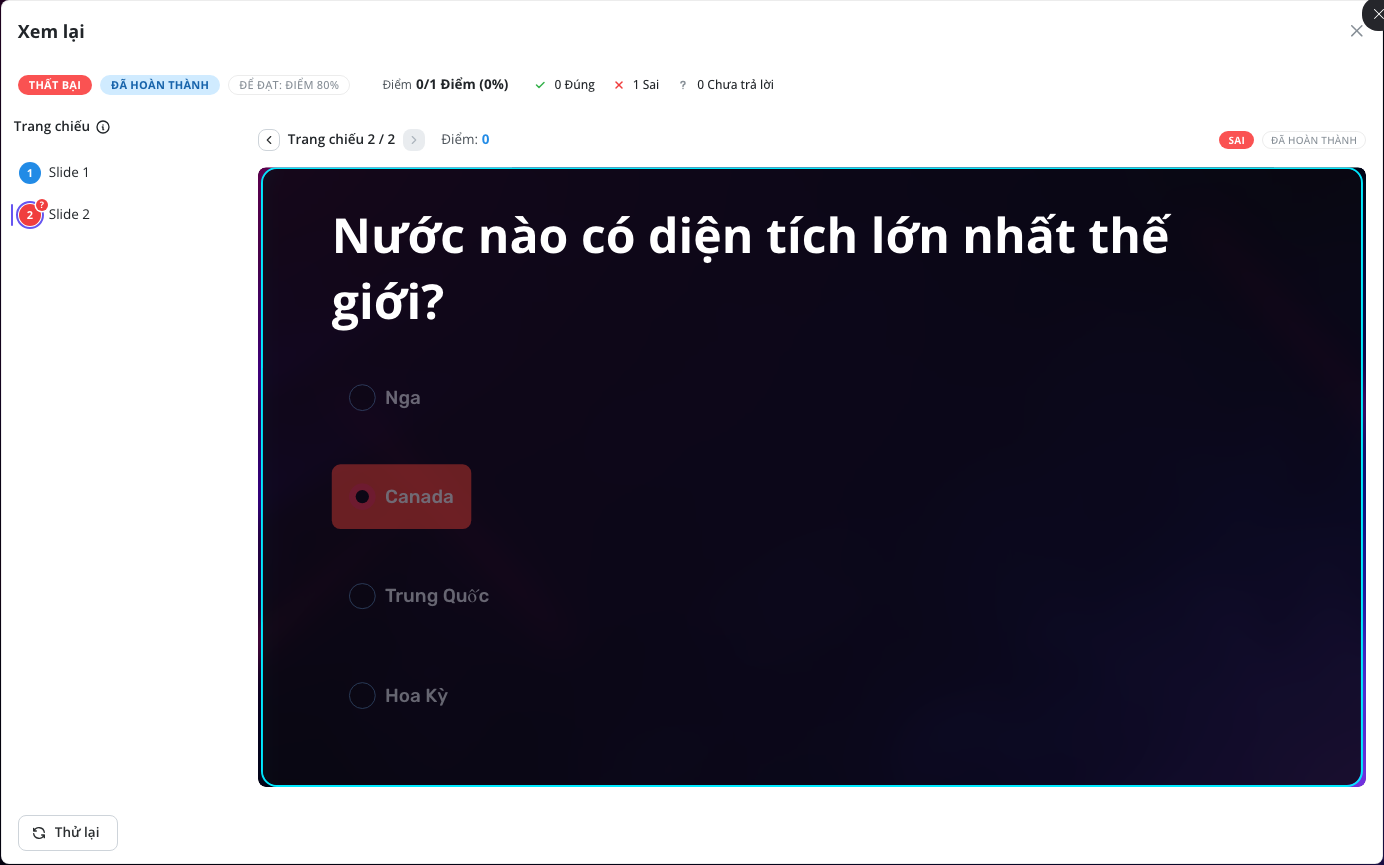 Một lượt làm bài đánh giá đã hoàn tất trong chế độ Xem lại